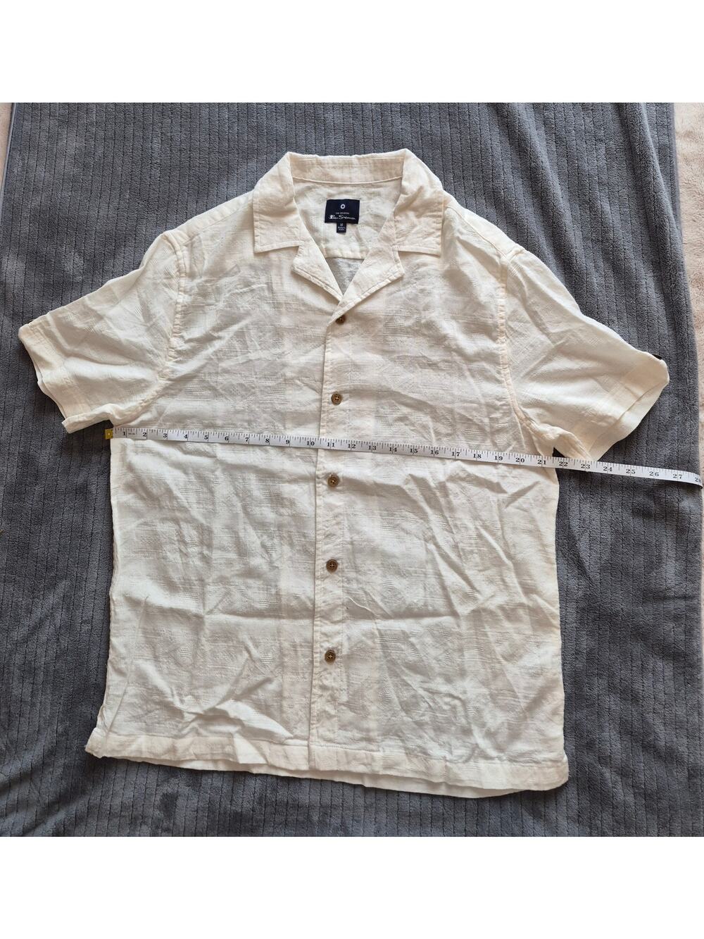 Ben Sherman Mens Size M Camp Collar Shirt Cream Textured Short Sleeve Summer